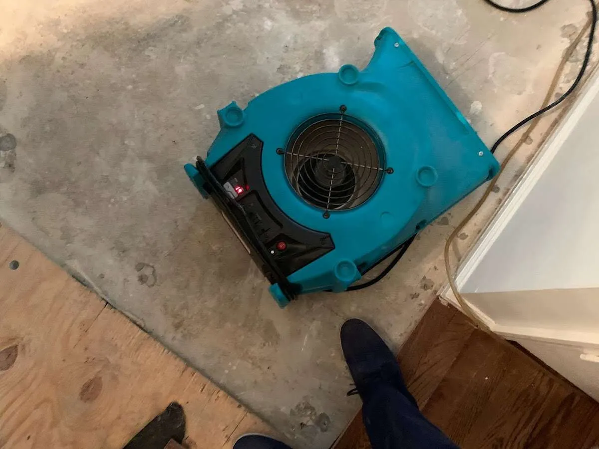 Air mover drying subfloor during Commercial Water Damage Restoration in Winthrop